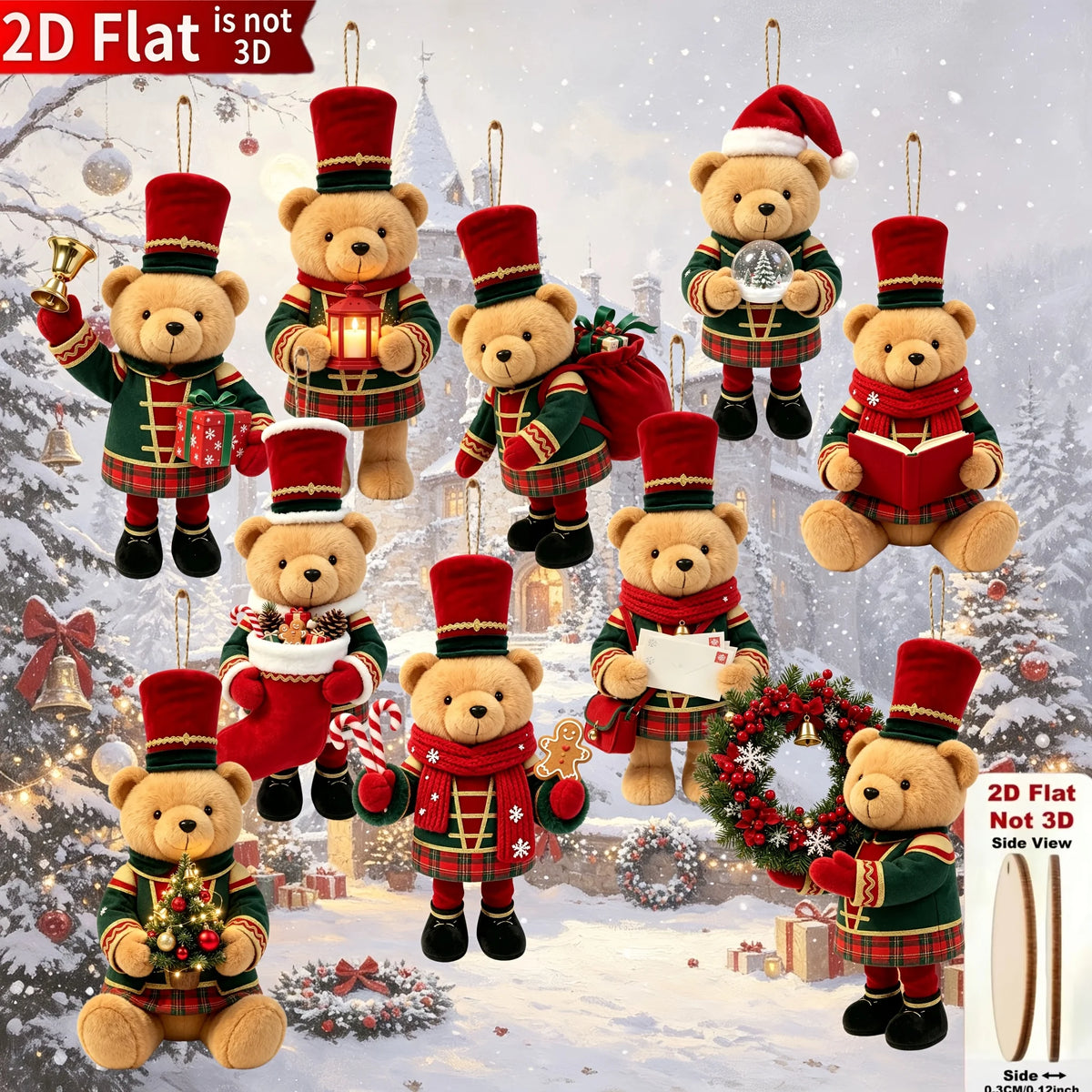 20/10 Pieces of Randomly Assorted 2D Flat Bear-Shaped Handmade Wooden Christmas Ornaments with Various Christmas Motifs, Suitable for Trees, Home Decor, Parties, and Holiday Gifts - Festive Atmosphere Decorations, Christmas T