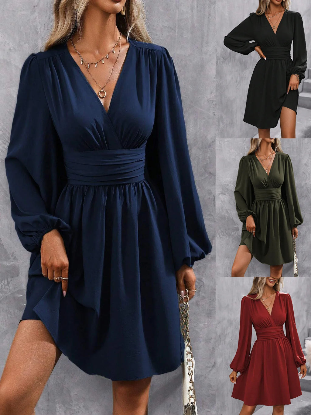 Mini abito da donna con scollo a V e punto vita arricciato