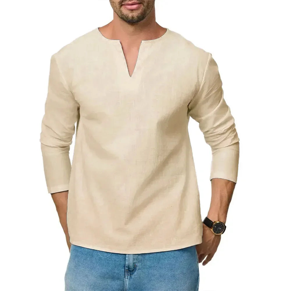 Cotton Linen T-shirt for Men Long Sleeve Breathable V-neck Tops Casual Slim Fit Solid Color Lightweight Male Cozy Tees