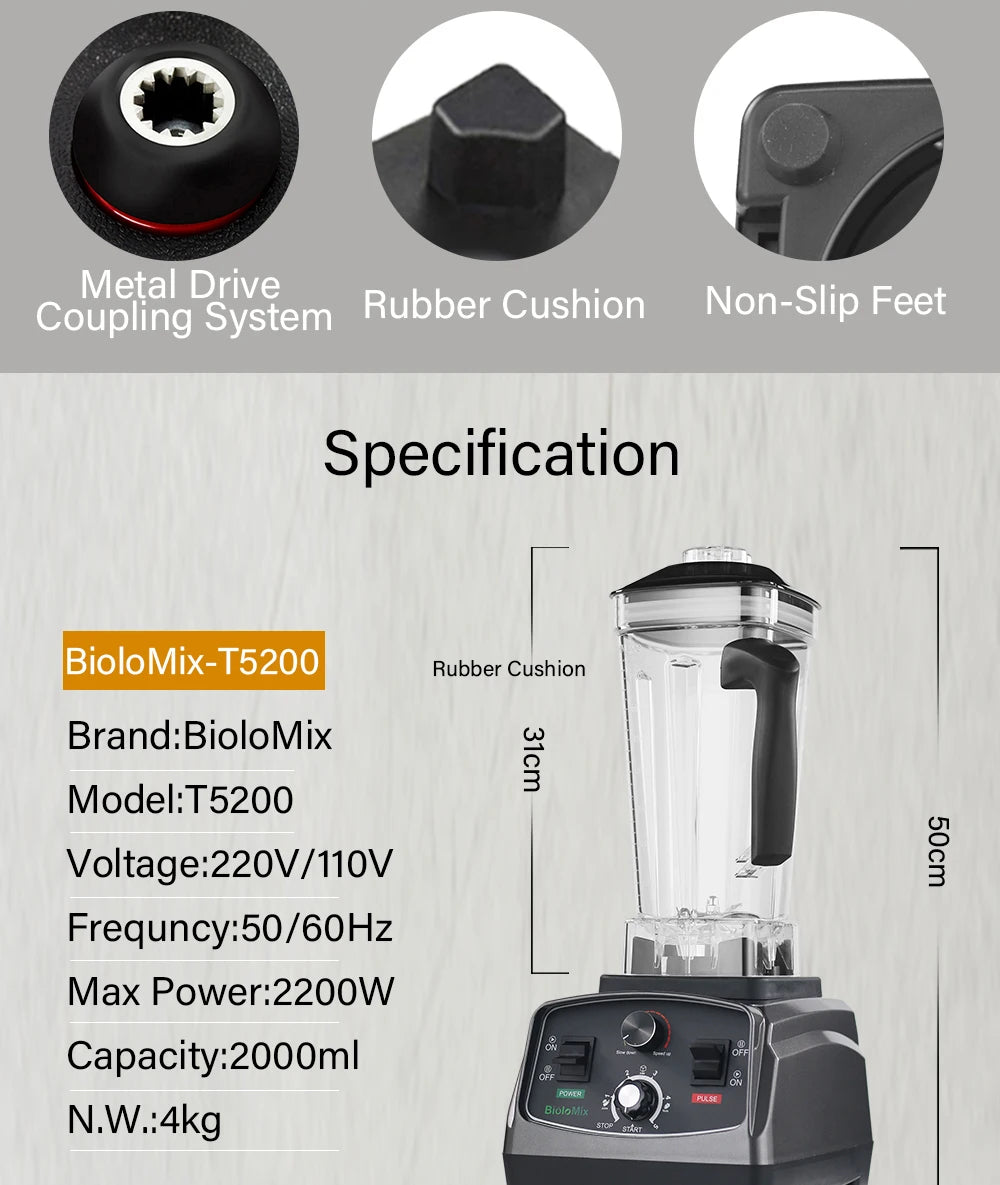 Blender haute puissance BioloMix 2200 W 3 CV avec minuterie, bol de 2 L sans BPA, idéal pour smoothies, jus, préparation d’aliments et concassage de glace