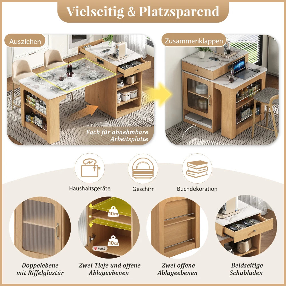 Rollbare Kücheninsel mit ausziehbarem Esstisch und abnehmbarer Tischplatte, Bartisch mit Steckdosenleisten, Mehrzweckmöbel als Kücheninsel, Buffet, Sideboard oder Bartisch für Küche und Esszimmer, Natur