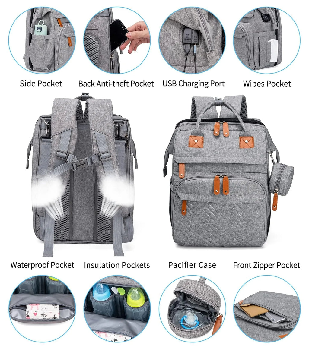 Backpack changing bag with folding cot