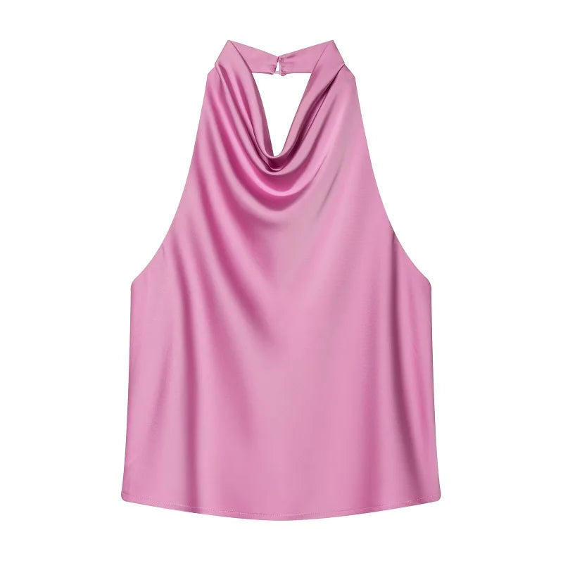 Top satinato da donna con scollo all'americana