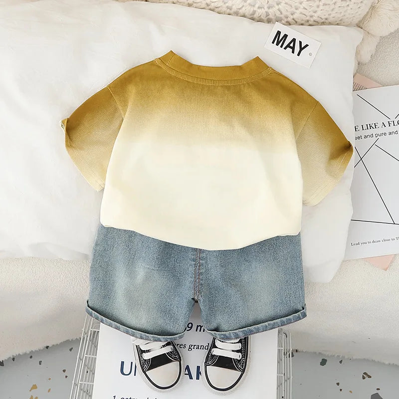 0–5 Jahre Sommerkleidung für Neugeborene und Kleinkinder, Batik-T-Shirt mit Schriftzug und Jeansshorts, 2-teiliges Set für Jungen und Mädchen