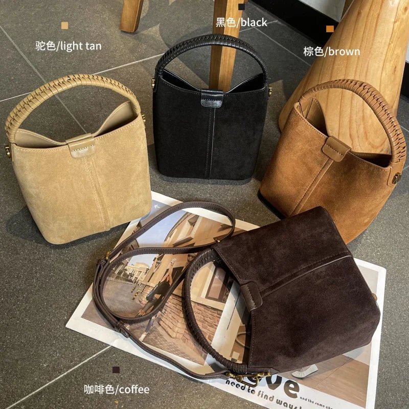 Luxury Designer Genuine Suede Cowhide Women Bucket Handbag Braided Woven Top Handle Real Leather Hobo Bag Ladies Shoulder Purse