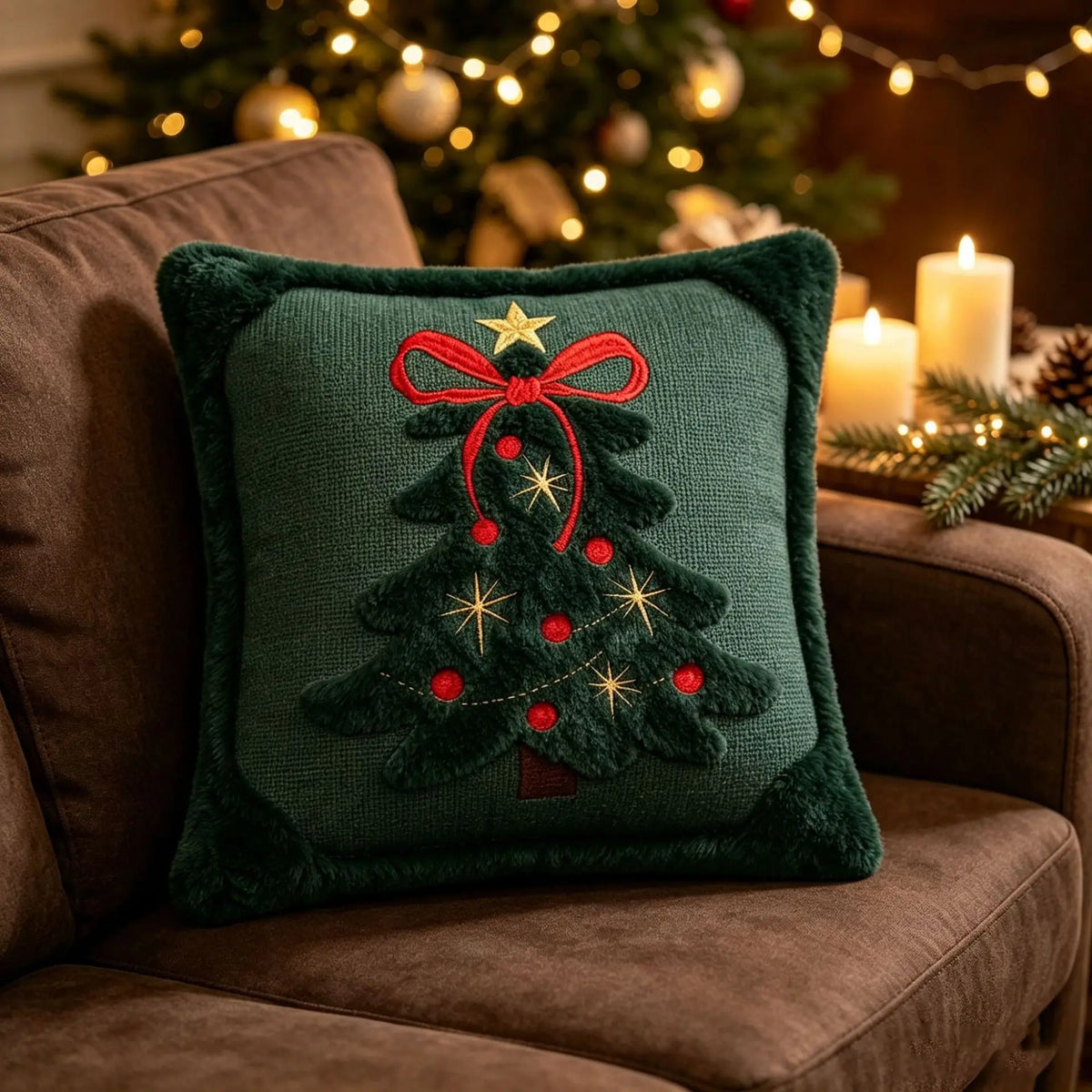 3D Christmas Tree Throw Pillow Covers Faux Plush Embroidered Xmas Tree Pattern Cushion Covers Sofa Couch Home Decor