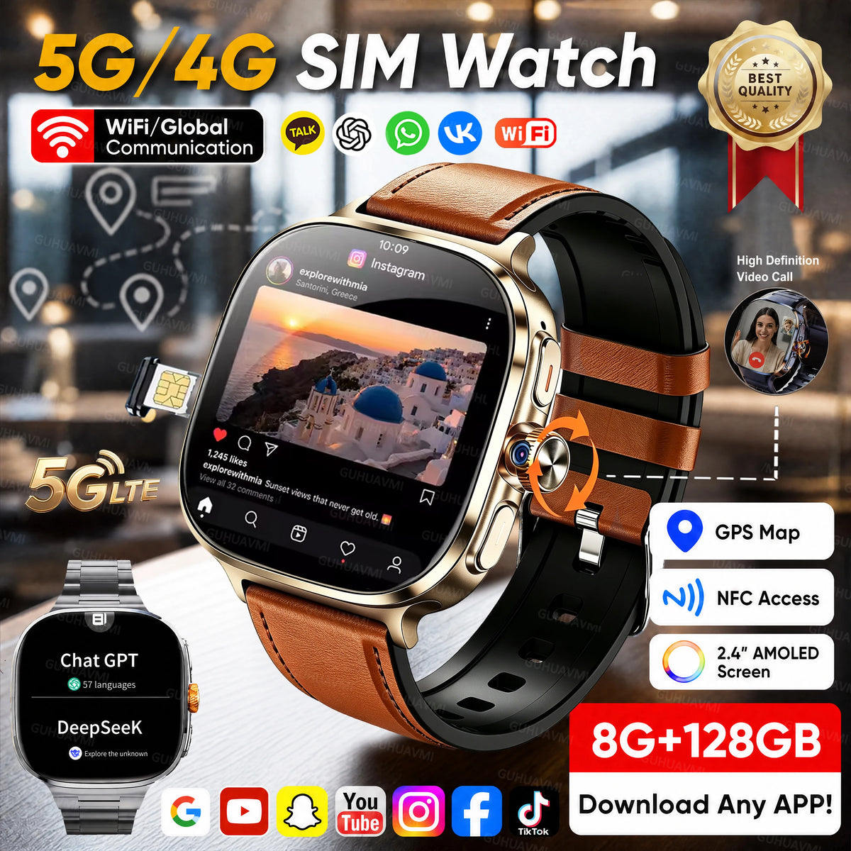 5G/4G LTE SIM Smart Watch 2.4" AMOLED 8+128GB GPS Map NFC WiFi Video Call Chat GPT Android Smart Watch Men Support Download APP