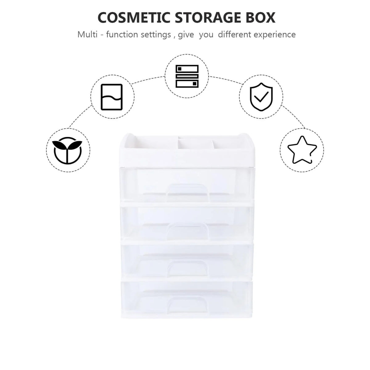 30x21.5x15.5CM White Cosmetic Storage Box with 4 Drawers and 6 Compartments Desktop Makeup Organizer for Jewelry Lipstick Brushes Large Opening Drawer Handle Fixing Clip Multi Function Skincare Office Bathroom Desk Tidy Space