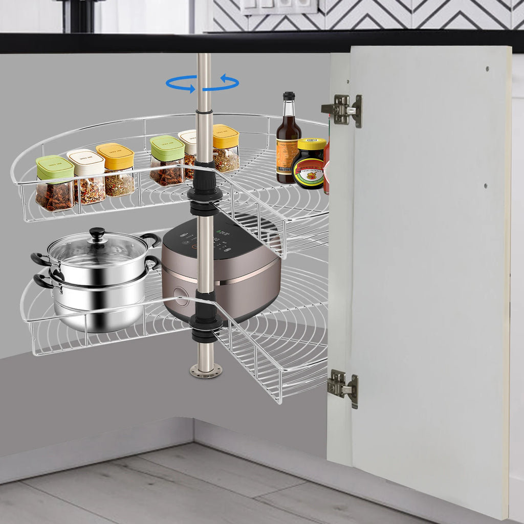 Organizador de rincón para armario de 2 niveles con rotación de 270°, cesta de almacenamiento para rincón ciego de altura ajustable en color plata, ideal para utensilios de cocina