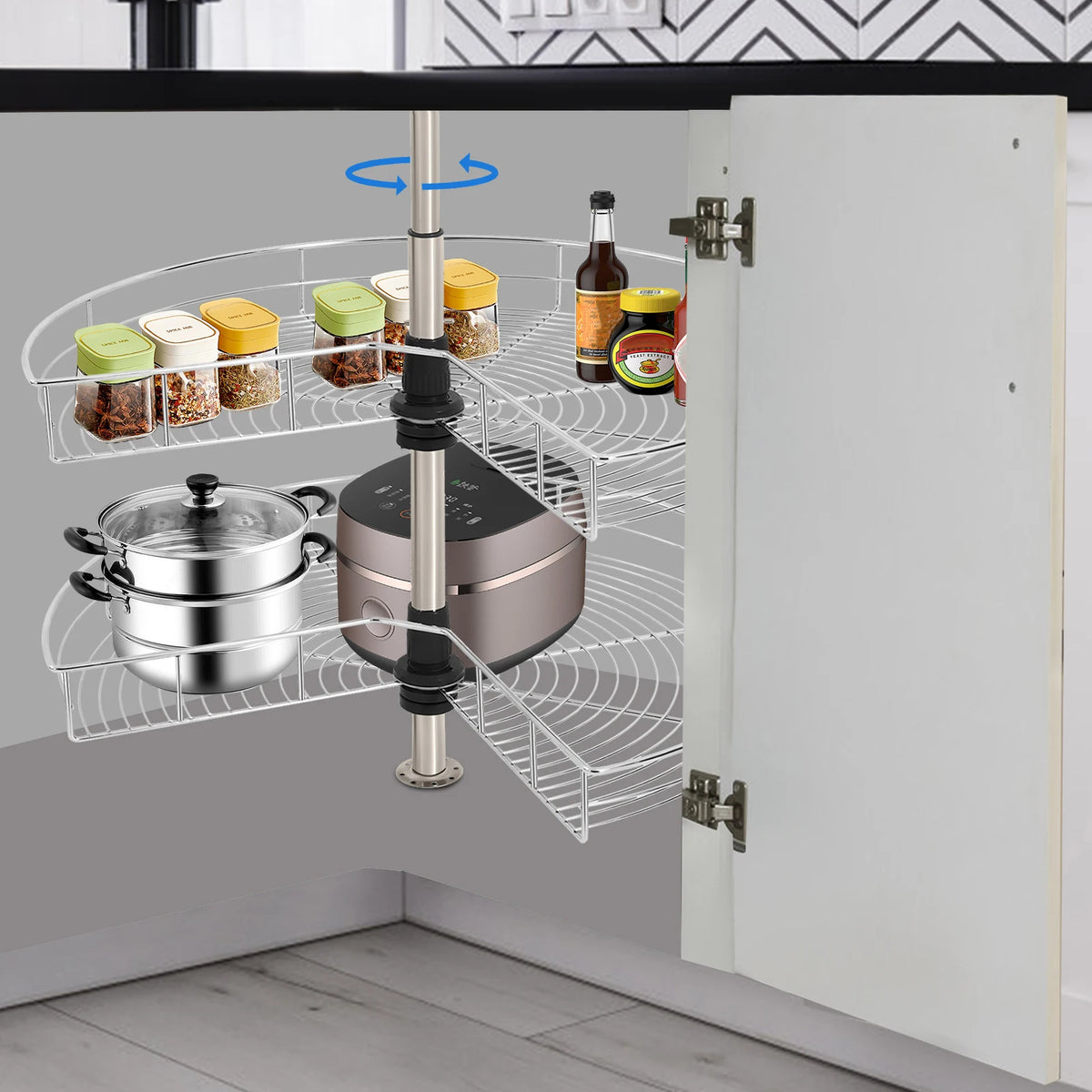 2-Tier 270° Rotating Corner Cabinet Organizer, Silver Adjustable Height Blind Corner Storage Basket Ideal for Kitchen Supplies