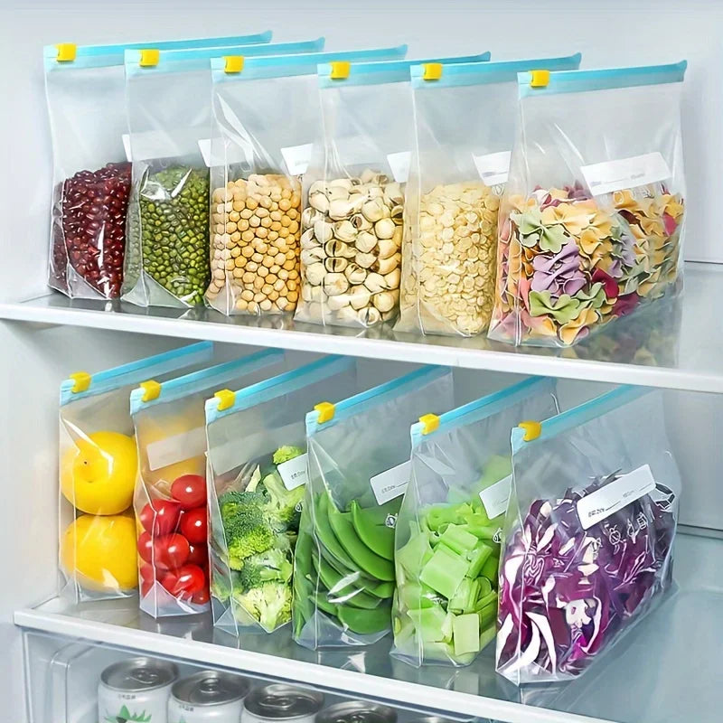 45 PCS Sacs de congélation réutilisables en plastique avec fermeture zippée, poches autoportantes pour fruits, légumes et aliments de cuisine, organiseurs de rangement