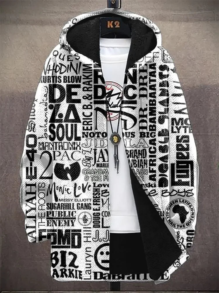 Men's African Folk Patterns Contrast Color Print Fleece Lined Hooded Trench Coat Cardigan Hoodies Fleece Lined Zipper Coats