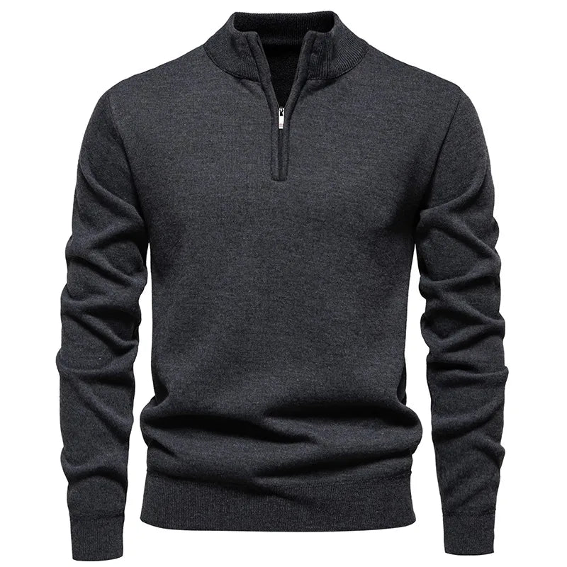 Autumn Men's Fleece Sweater Half Zipper Mock Neck Windproof Knitted Pullovers Thicken Warm Solid Color Casual Knitwear