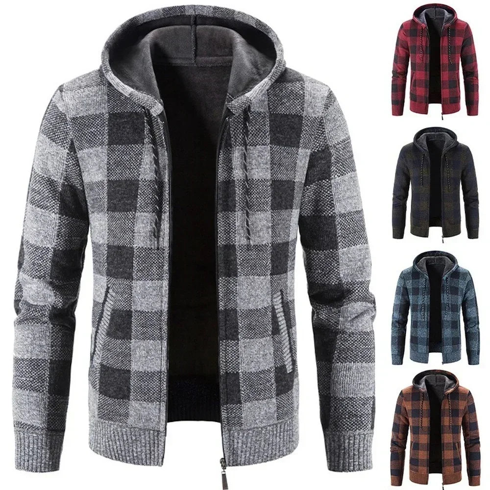Men's Autumn Winter New Hooded Plaid Printed Long Sleeve Sweater Casual Zipper Cardigan Coat Plush Large FleeceThick Coat