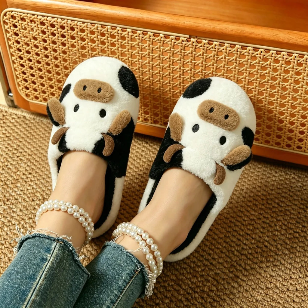 Adorables chaussons d’intérieur en peluche vache, silencieux, à semelle souple et chaude, antidérapants, pour homme et femme, automne-hiver