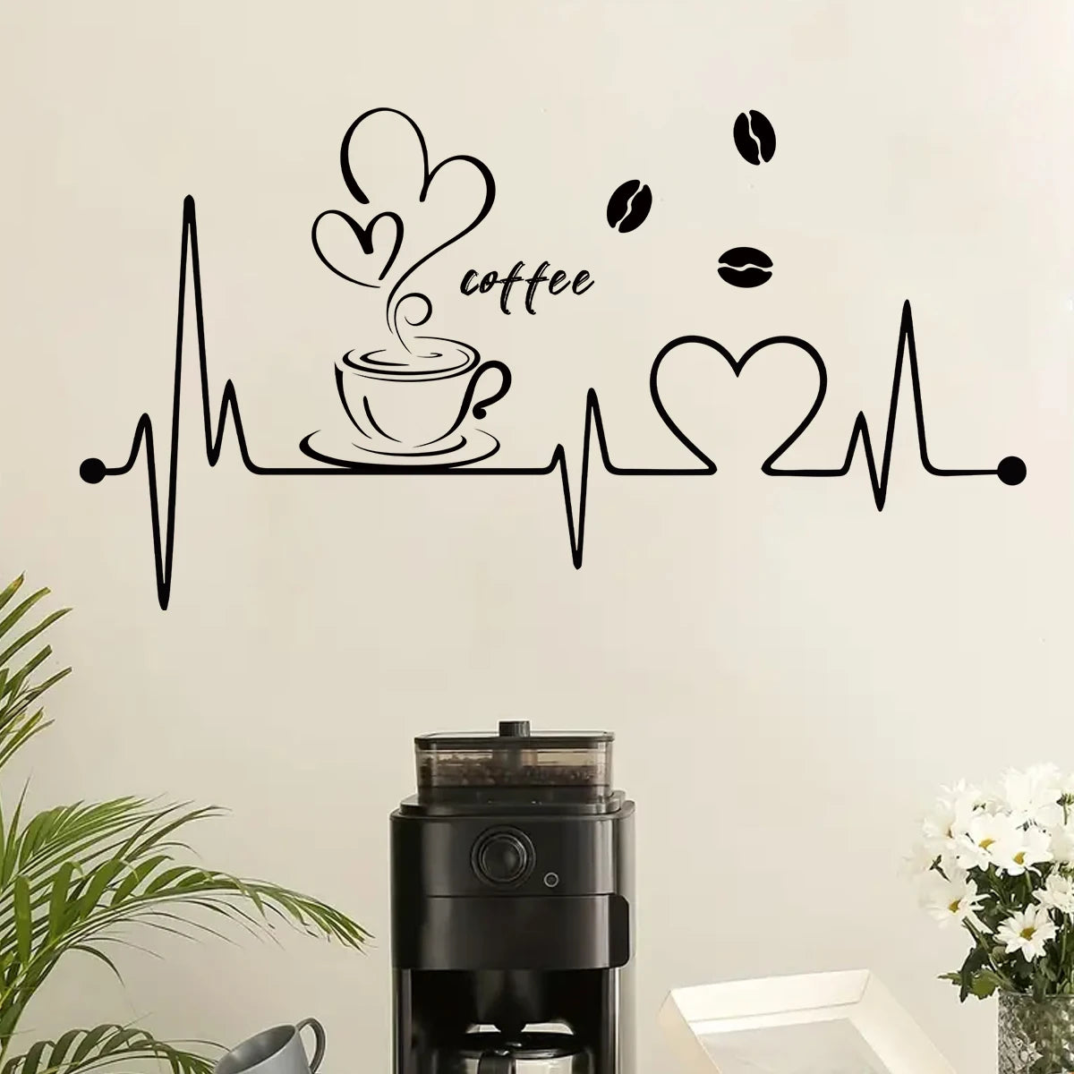 1pcs PVC Removable Wall Stickers for Living Room Decor Bedroom Coffee Shop Love Coffee ECG Pattern Wall Decal Kitchen Decoration
