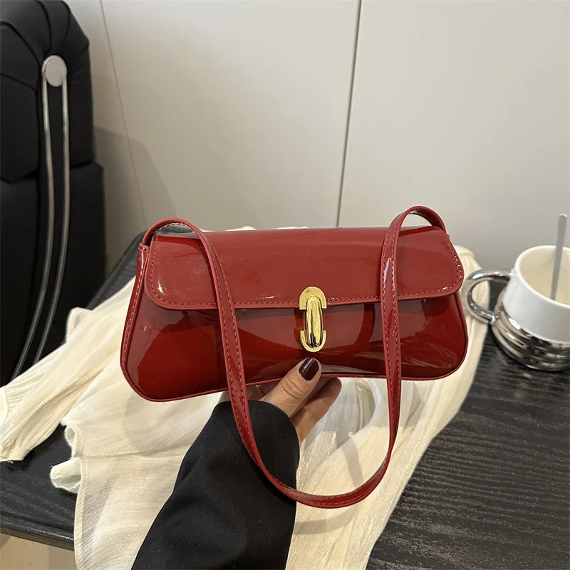 Stylish Wine Red Patent Leather Women Underarm Bag, Sleek Sling Purse with Gold Turn Lock Women's Daily Handbags Shoulder Bags
