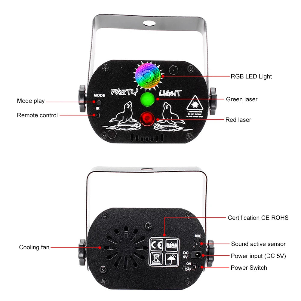 U'King L-aser Light+RGB LED Partylicht Bühneneffektlicht Ohne Batterie mit Saugnapf und Fernbedienung für DJ Party KTV