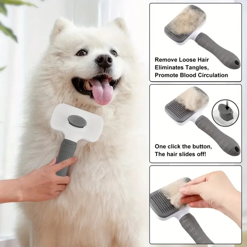 Pet Grooming Brush with One-Click Hair Removal, Bent-Needle Massage Comb for Dogs & Cats