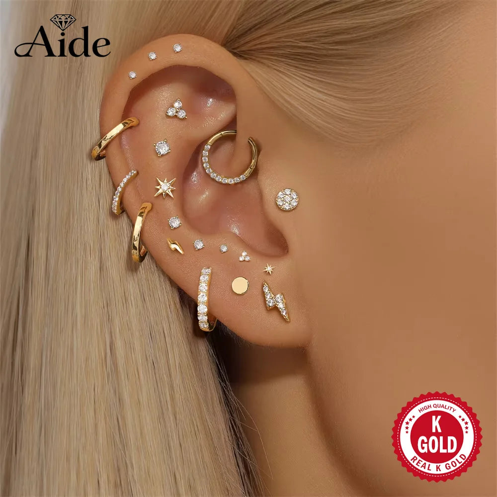 AIDE Real 14K Solid Gold Multiple Sizes Zircon Pendant Stud Earring Simple IND Piercing Ear Bone Ear Studs DIY Vintage Jewelry