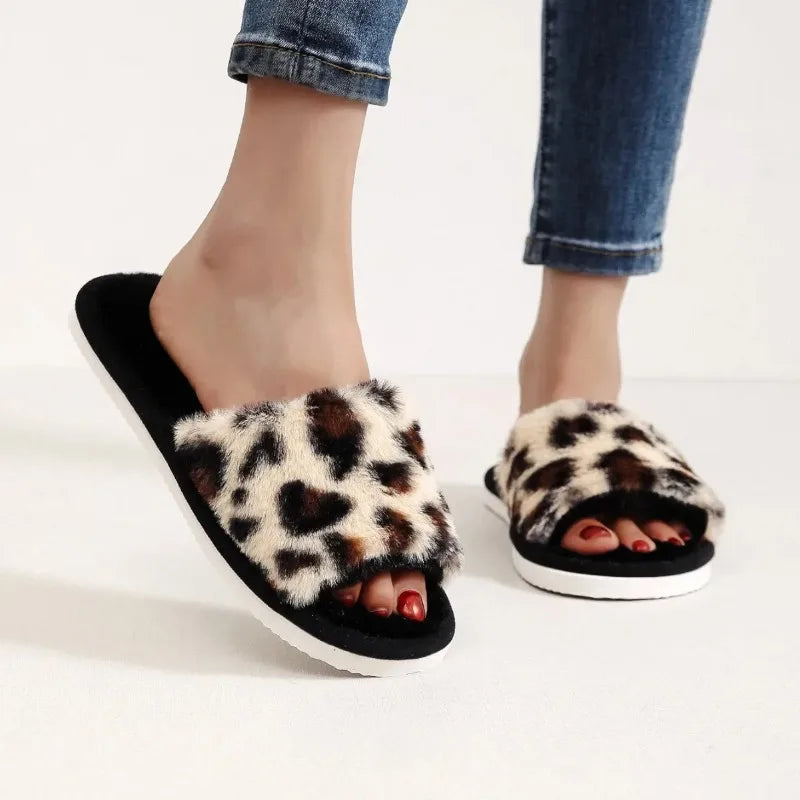 Four Seasons New Women's Home Slippers Slides Sandals Shoes White Fur Warm Plush Comfortable Lightweight Flat
