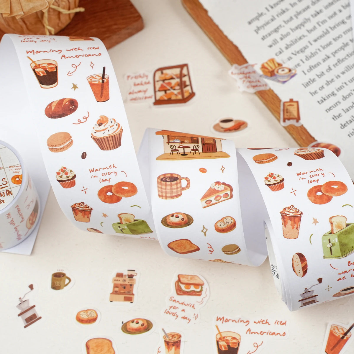 200cm/roll INS Coffee Bread Cafe Themed Masking Tape Decorative Label Stickers for Journal Scrapbooking Diary Album Stationery