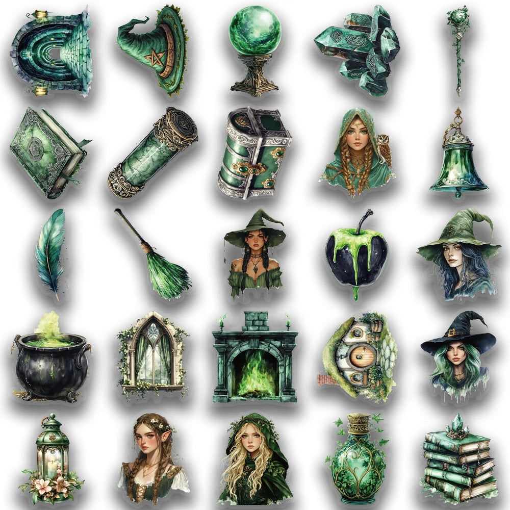 50 Stück Aufkleber aus der Forest-Witch-Serie, geeignet zum Verzieren von Wasserflaschen, Laptops und Aufbewahrungsboxen, wasserfeste PET-Aufkleber