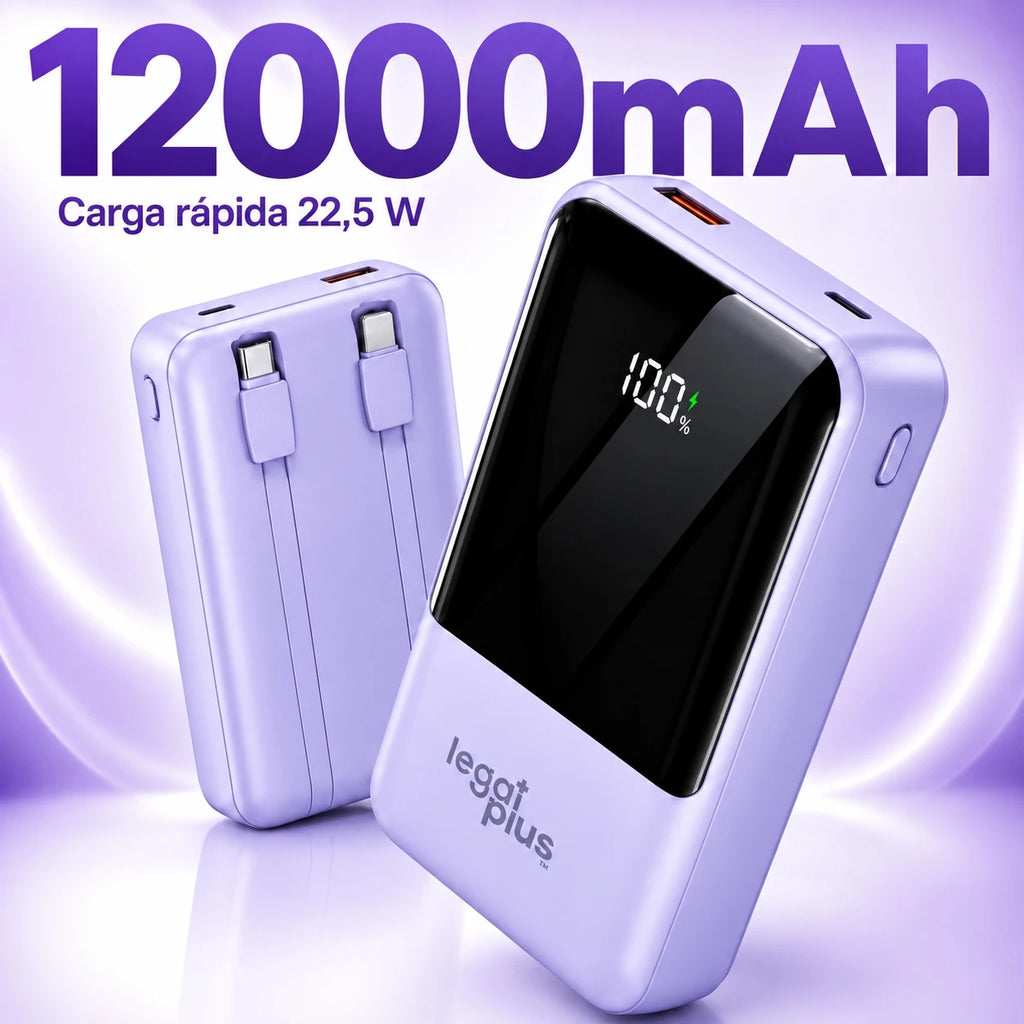 Power Bank 12000mAh Con 2 Cables Integrados Pantalla Digital Carga Rápida PD 22.5W Para Celular