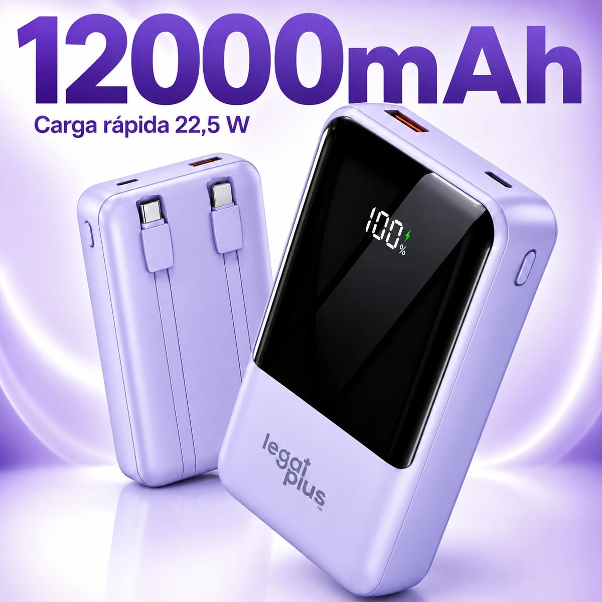 Power Bank 12000mAh Con 2 Cables Integrados Pantalla Digital Carga Rápida PD 22.5W Para Celular