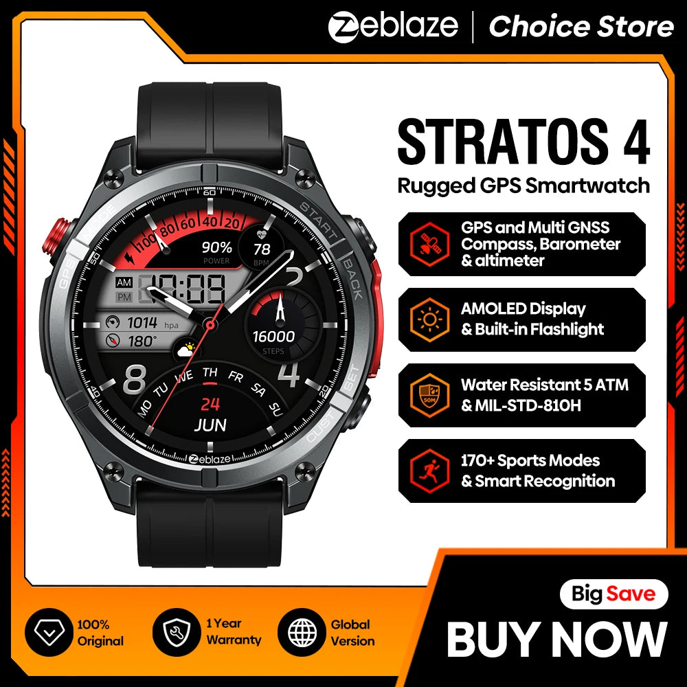 NEW 2025 Zeblaze Stratos 4 GPS Smartwatch 1.43" AMOLED Screen Compass Barometric Altimeter Flashlight Voice Calling Smart Watch