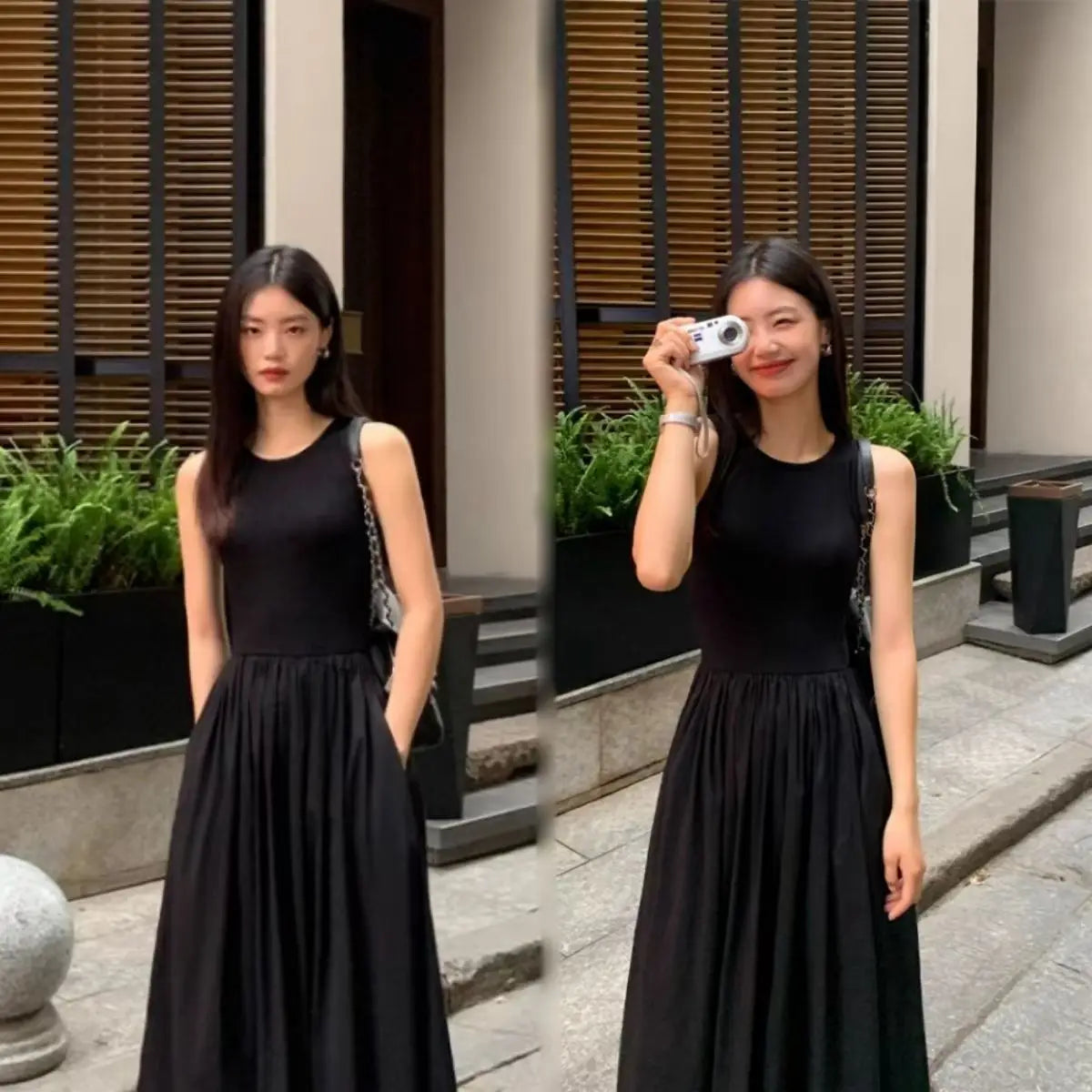Langes ärmelloses schwarzes Damenkleid mit Taschen