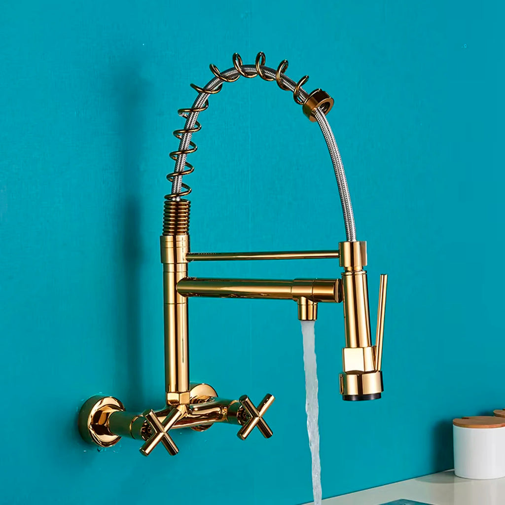 Matte Black Wall-Mounted Kitchen Faucet, Hot and Cold Water Mixer Tap with Pull-Down Spray and 360° Rotation