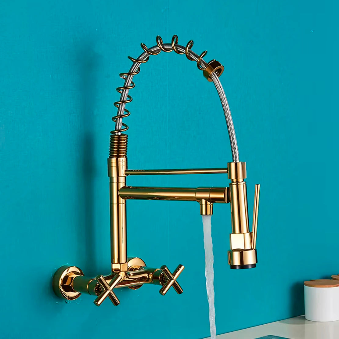 Matte Black Wall-Mounted Kitchen Faucet, Hot and Cold Water Mixer Tap with Pull-Down Spray and 360° Rotation