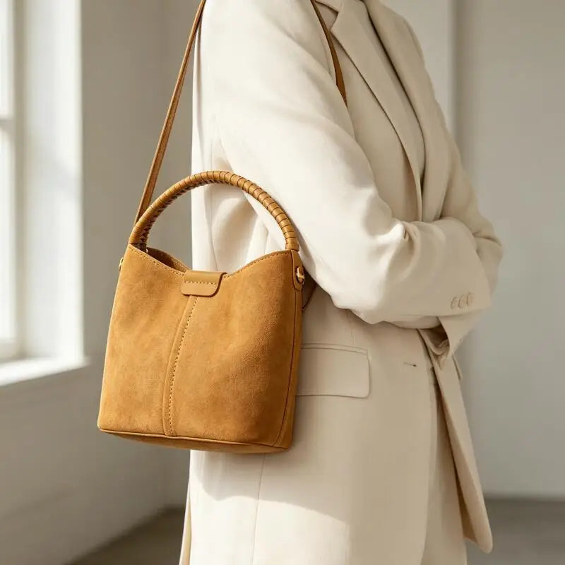 Luxury Designer Genuine Suede Cowhide Women Bucket Handbag Braided Woven Top Handle Real Leather Hobo Bag Ladies Shoulder Purse