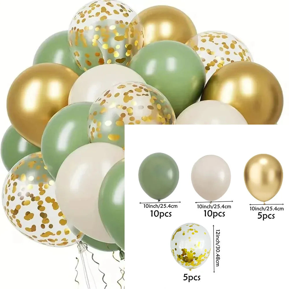 Set of 30 latex party balloons, sage green and gold