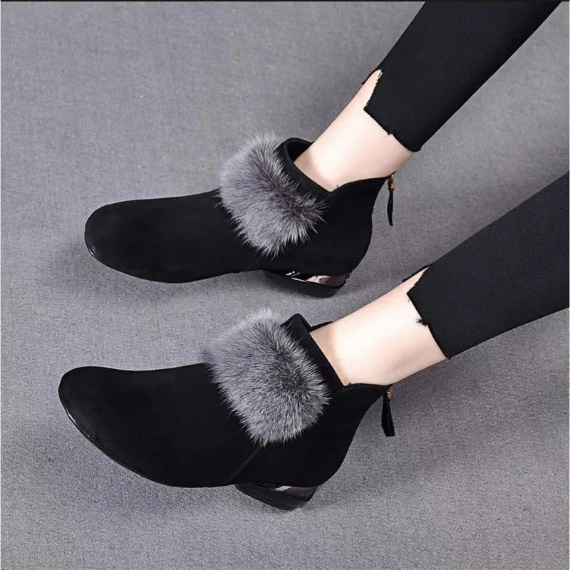 Damenstiefel 2023 Winter Plüsch warme Damenstiefeletten mit niedrigem Absatz, rutschfeste modische Damen-Ankle-Boots mit Reißverschluss für Pendler