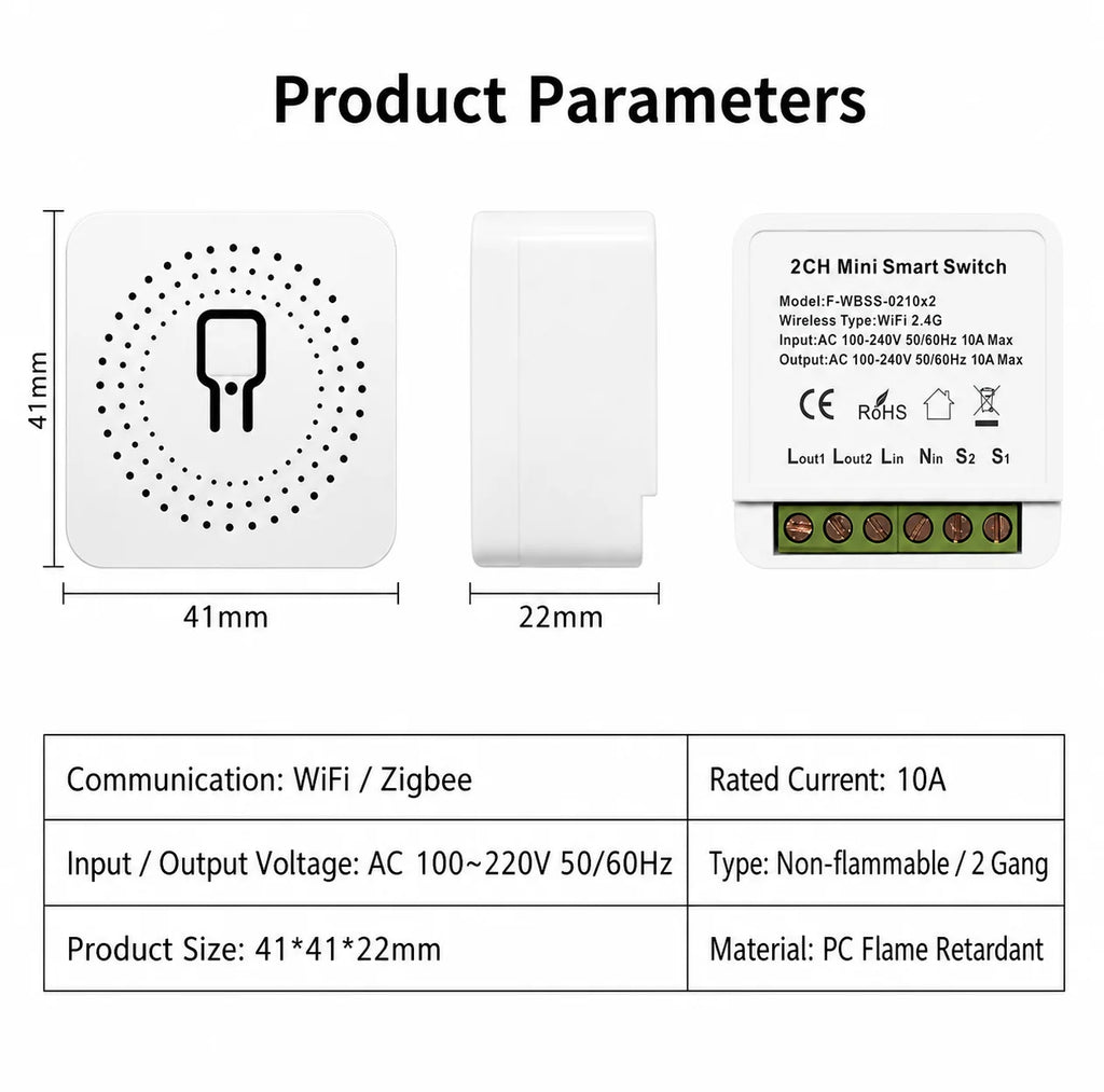 Interruptor inteligente mini WiFi Tuya con control remoto mediante app, control por voz y uso compartido multiusuario para hogares inteligentes
