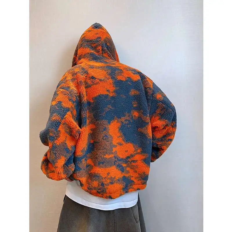 Large-sized men's autumn and winter retro, cool and stylish orange firecloud tie-dyed hooded lambskin warm thick coat
