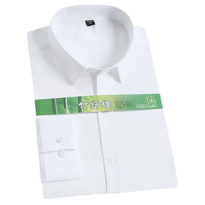 Bamboo Fiber Men's Shirt Long Sleeve Stretch Free Care Comfort Soft Business Professional Formal White Dress Shirts for Men 8XL