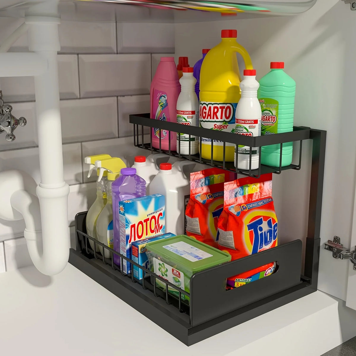 Organiseur sous évier, organiseur de placard coulissant à 2 niveaux, étagères de rangement coulissantes pour placard sous évier, rangement sous évier
