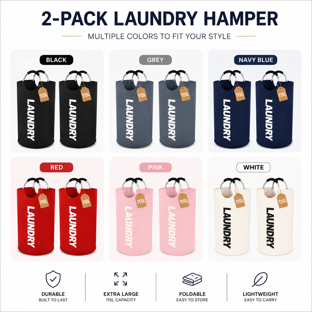 Lot de 2 paniers à linge extra larges de 115 L, paniers pliables avec poignées souples rembourrées, sacs à linge pliables autoportants pour le rangement des vêtements, chambre, salle de bain, dortoir et buanderie