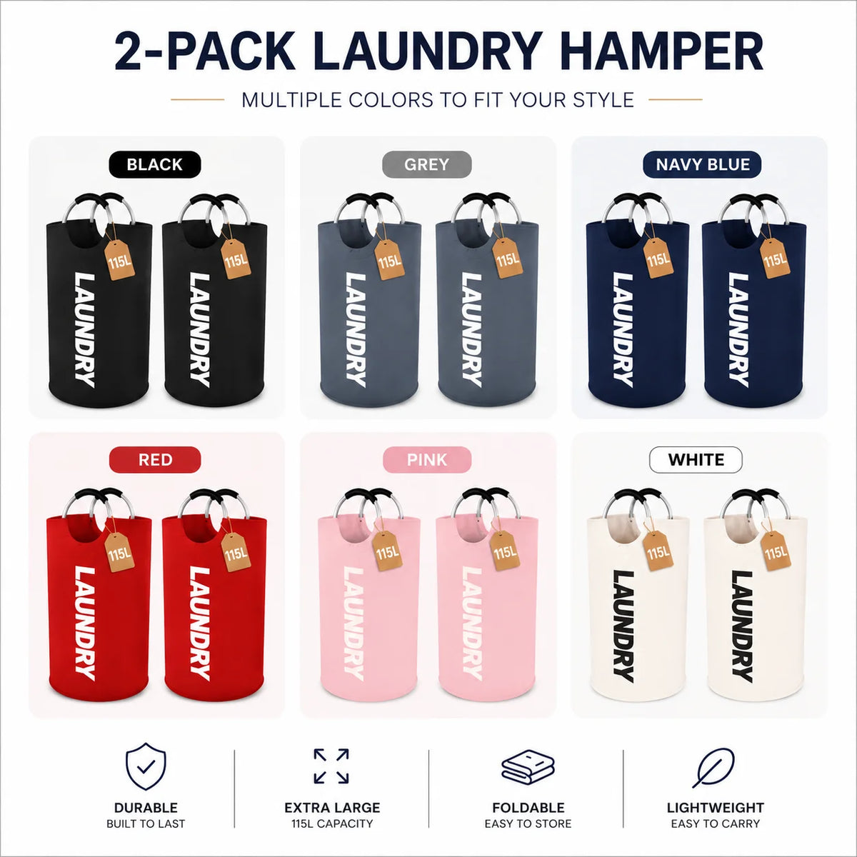 Lot de 2 paniers à linge extra larges de 115 L, paniers pliables avec poignées souples rembourrées, sacs à linge pliables autoportants pour le rangement des vêtements, chambre, salle de bain, dortoir et buanderie