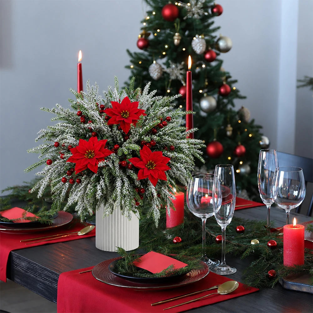 Decoraciones navideñas DIY 18 piezas Agujas de pino artificiales Bayas rojas Flores de flor de Pascua para Fiesta en casa Decoración de corona para Festival de invierno