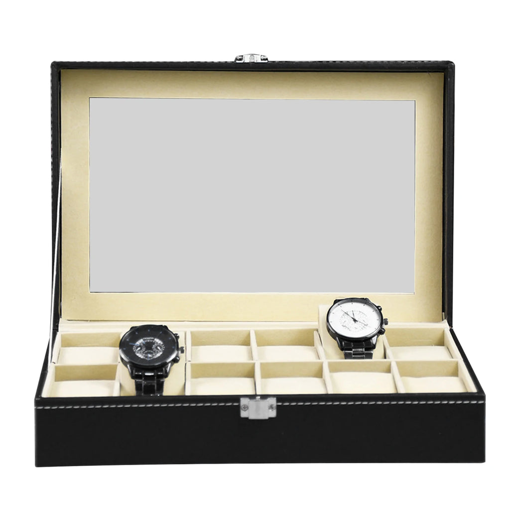 Boîtier de rangement pour 10/12 montres, présentoir en cuir PU avec couvercle en verre, vitrine à bijoux pour anniversaires et Noël