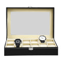 Boîtier de rangement pour 10/12 montres, présentoir en cuir PU avec couvercle en verre, vitrine à bijoux pour anniversaires et Noël