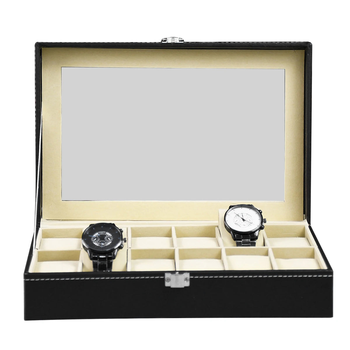 Boîtier de rangement pour 10/12 montres, présentoir en cuir PU avec couvercle en verre, vitrine à bijoux pour anniversaires et Noël