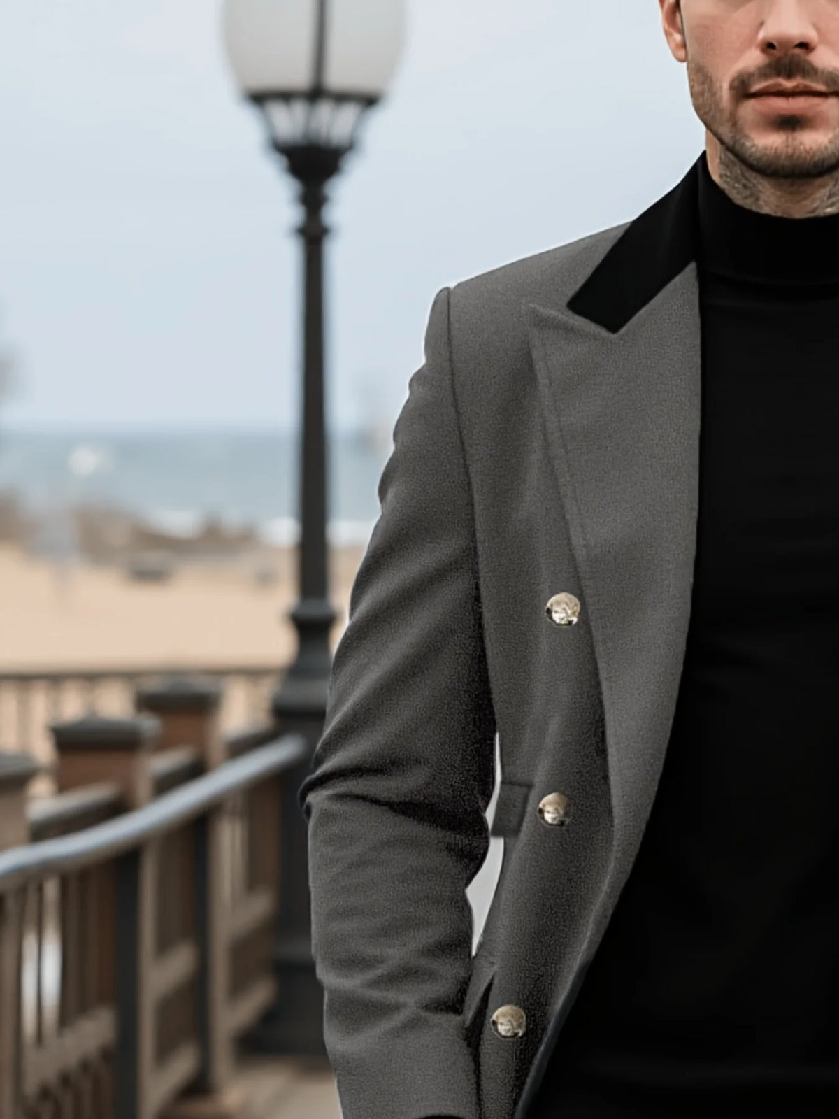 Men's Double-Breasted Wool Overcoat Thickened for Extreme Cold Patchwork Windbreaker Coat Windproof Street Style Tailoring