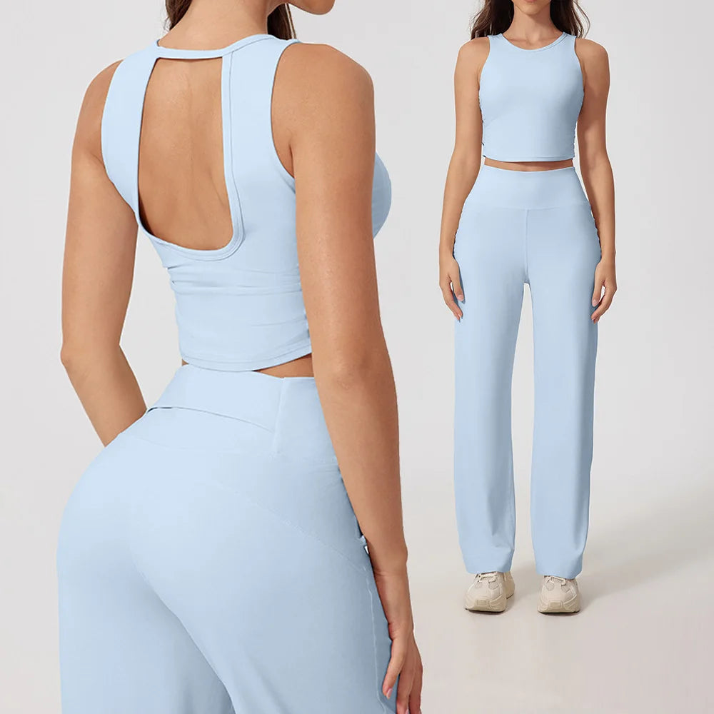 Completo yoga donna, top e pantaloni a gamba dritta