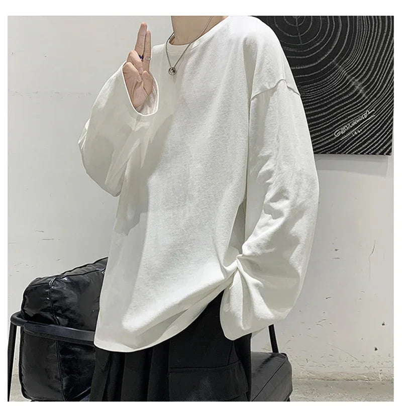 Oversize Men's Women Cotton T-shirt Long Sleeves Solid Color Tops for Male Female Unisex Loose T-shirt Versatile Hot Sale Tees