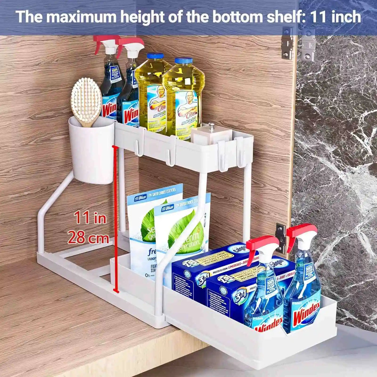 Organizador de 2 niveles que ahorra espacio para debajo del fregadero, caja de almacenamiento extraíble, cajón organizador duradero y de gran capacidad, esencial para cocina y baño